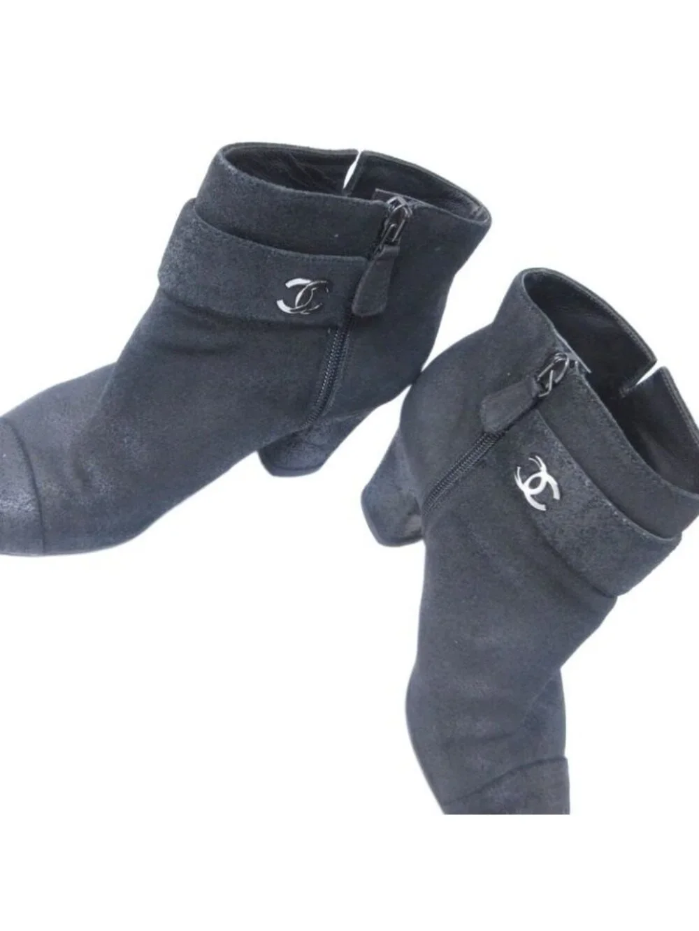 Chanel Suede Coco Mark Short Boots Heel Side Zip Black 36 - Picture 3 of 8